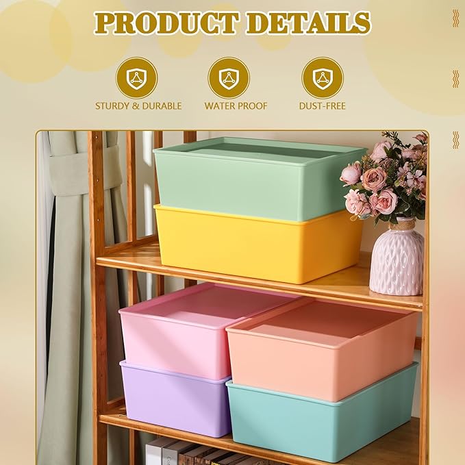 Menkxi 6 Pcs Large Plastic Storage Bins with Lids 14.4 x 10.4 x 5.1 Inch Stackable Storage Containers Decorative Cubby Organizer for Clothes Shelves Garage Closet Office (Mixed)