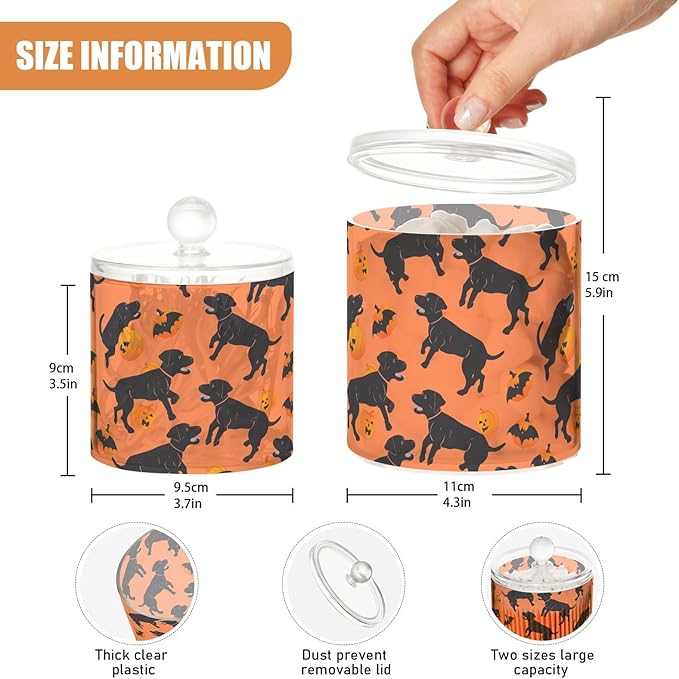Dancing Labrador Dog Orange Black Pumpkin Clear Plastic Makeup Organizer Storage with lid Pantry Essentials Decorative storage bins for Cotton Swabs,Cotton Pads,Floss Picks,Paper Clips,Hair