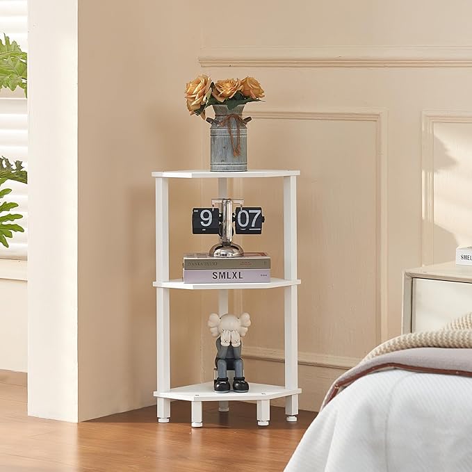 YUFAM 3-Tier Corner Shelf with Sturdy 5-Leg Base, 30in Tall Narrow Bookcase for Small Spaces, Wooden Plant Display Shelf, Thin Bookshelf for Living Room, Bedroom, Office, White