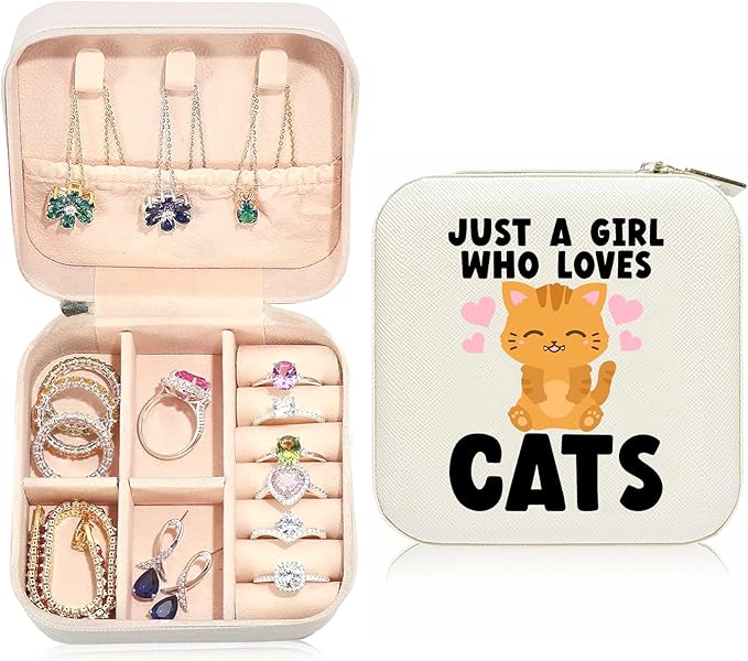 Cute Cat Travel Jewelry Case,Jewelry Box Travel Organizer Small PU Leather Rings Earrings Necklaces Storage Box Cat Lovers Valentine's Day Gifts for Women,Daughter, Girlfriend,Mom,Wife,Bridesmaids