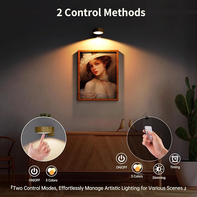 3 Pack Picture Lights for Wall, Rechargeable Battery Operated wall lights, Picture Frame lights with 3 Lighting Modes, Wireless Magnetic Painting Light with Remote Control Timer (Golden, 3 Pack)