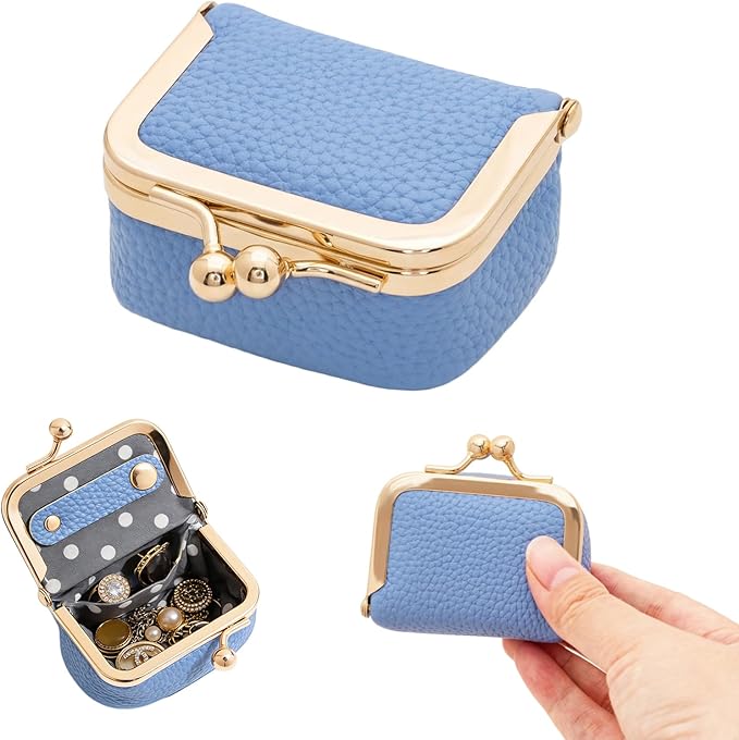 Genuine Leather Mini Jewelry Box Portable Vintage-Inspired Leather Small Coin Purse Jewelry Organizer Case Mini Travel Ring Box with Kiss Lock for Women Earring Ring Necklace
