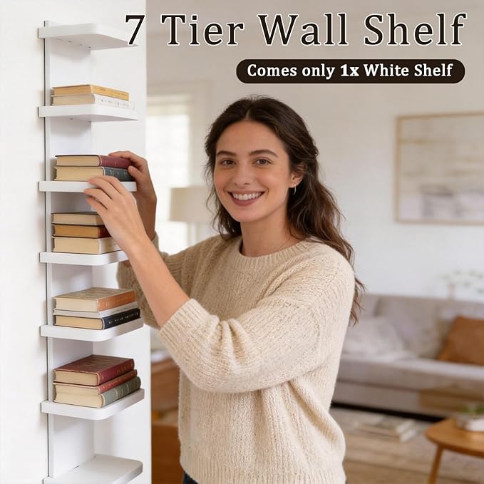 Versatile 7 Tier Wall Shelf Unit, Floating Shelves for Wall (Round Corner), Vertical Lack Wall Shelf for Bedroom, Vanity, Living Room, Home Decor Makeup Organizer Display, White