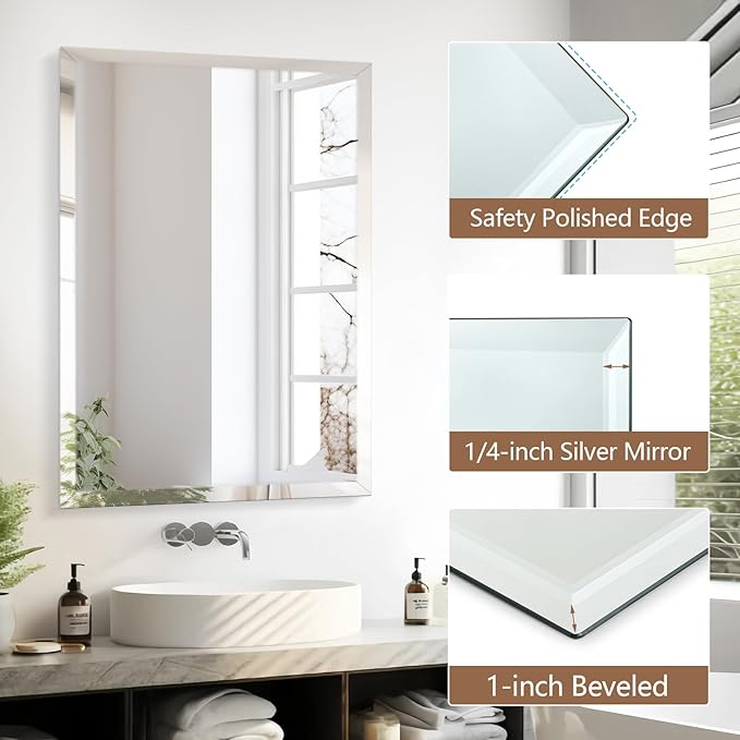 30x36 Inch Rectangle Frameless Mirror, Beveled Bathroom Mirror, Frameless Wall Mirror with 1" Beveled Edge for Bathroom Vanity, Entryway, Living Room