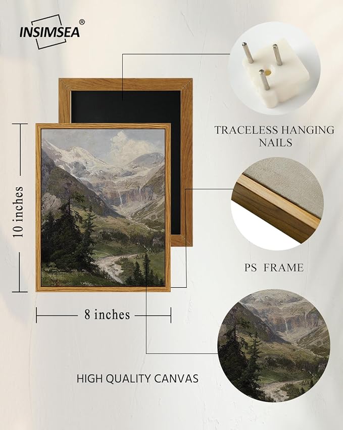 InSimSea Framed Canvas Wall Art Vintage Decor, Mountain Pictures Living Room Decor Aesthetic, Bedroom Bathroom Summer Landscape Wall Pictures, 8x10inch