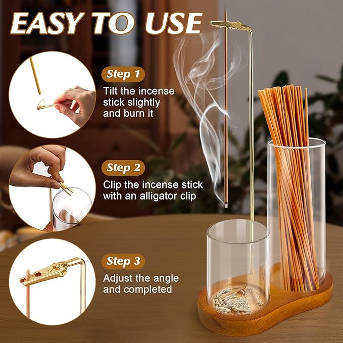 2 in 1 Incense Holder for Sticks, Hang Upside Dowd Incense Burner with Glass Ash Catcher, Anti-Ash Flying and Incense Sticks Storage, for Meditation Yoga Spa Home Decor Office (Wood, Dark Brown)
