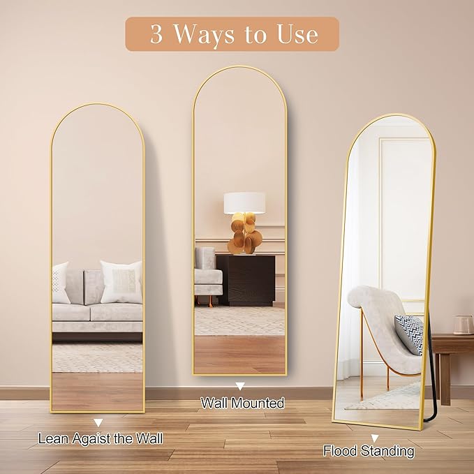 GlasFlength 58"x18" Arched Full Length Mirror, Elegant Full Body Mirror with Stand for Bedroom & Cloakroom, Gold