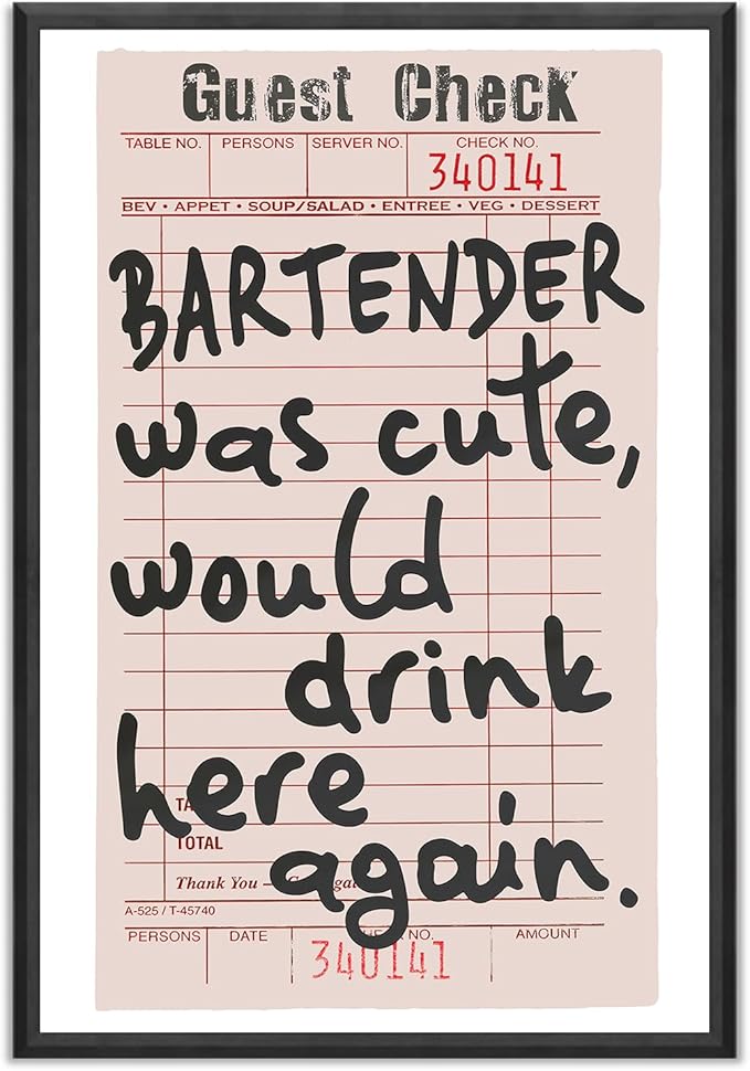 Fun Bar Canvas Wall Art, Bar Cart Accessories and Decor, Trendy Preppy Black White Retro Guest Check Wall Decor, Vintage Art Poster for Home Kitchen Wall Decoration, Unframed Artwork Prints, 16"x24"