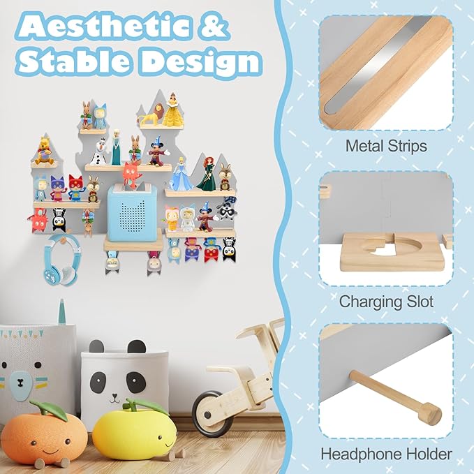 for Toniebox 2 and Toniebox 1 Tonie Shelf Wall Mounted Set,Tonies Figures Tonies Storage,Magnetic Wooden Floating Shelves Compatible with Tonie box Player Character for Children Room (grey-castles)