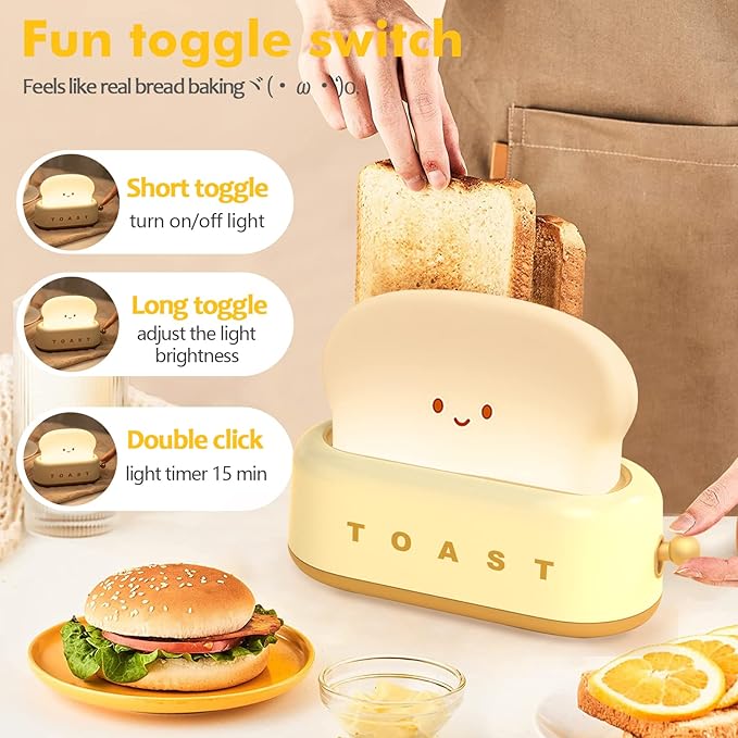 QANYI Small Table Lamp, Cute Toast Bread LED Bedroom Nightstand Light with Timer and Rechargeable, Cool Birthday Gift for Baby Kids Children Girls Boys