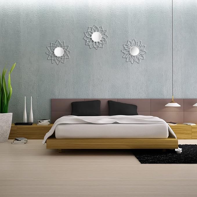 Silver Mirrors for Wall, 9 inch Metal Flower Mirrors Home Valentine Decoration, Valentine Wall Art Decorative Mirror Small Mirror for Living Room Bedroom, Entrance Set of 3