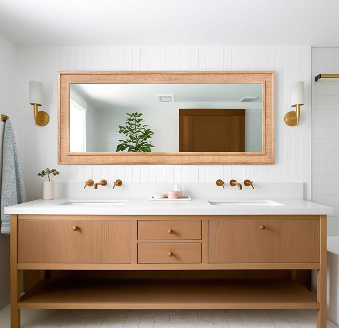 Rattan Full Length Mirror 24"x60" Long Wooden Full Body Mirror Hanging Decorative Farmhouse Rectangle Floor Mirror for Bathroom Living Dressing Room Nature
