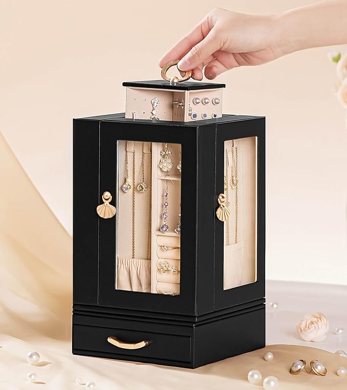 Enthralite Jewelry Box Large for Dresser: Women Necklace Ring Storage Organizer with Compartments - Elegant Earring Holder Display - 360° Rotating Jewelry Organizer with Glass Door