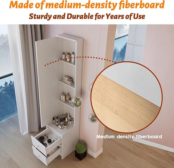 anwickjeff Full-Length Mirror with Storage, Standing Nightstand Mirror Cabinet with 2 Drawers & 4 Shelves, Makeup Storage Organizer, Gift for Women Girls (White)