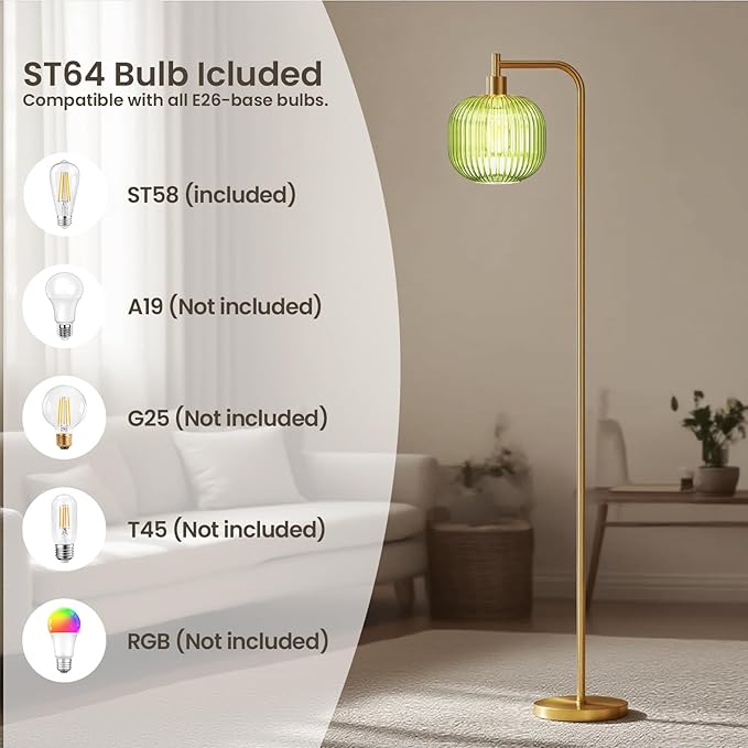 Mid Century Modern Floor Lamp, 67" Tall Standing Lamp with Transparent Green Glass Shade, Vintage Gold Floor Lamp for Living Room Bedroom, Stable 6.2lbs Weighted Base, ST64 LED Bulb Included