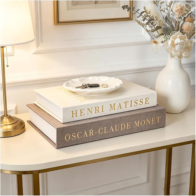 Decorative Books for Home Decor,Coffee Table Decor with Linen White Books Stack Bookshelf, Fake Book Double as Libros Decorativos and Photo Storage (3 Piece Set with Tray)