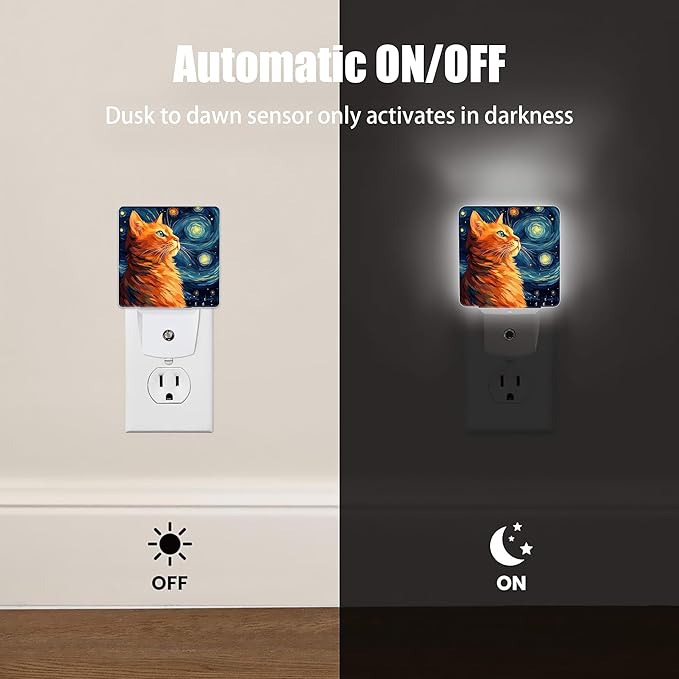 Cat Night Light, Lonely Ginger Cat Night Lights Plug into Wall Decor for Bedroom, Bathroom, Hallway, Kitchen, Dusk to Dawn Sensor Nightlights for Boys Girls Women Men Room Gifts