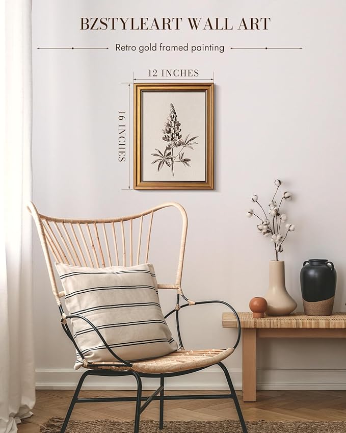 Bzstyleart Vintage Wall Art Decor for Living Room, Canvas Framed Flowers Wall Art, Gold Framed Artwork, Sketching Painting Picture Travel Artwork for Home Decor Aesthetic, Texas Upinus, 12L x 16W