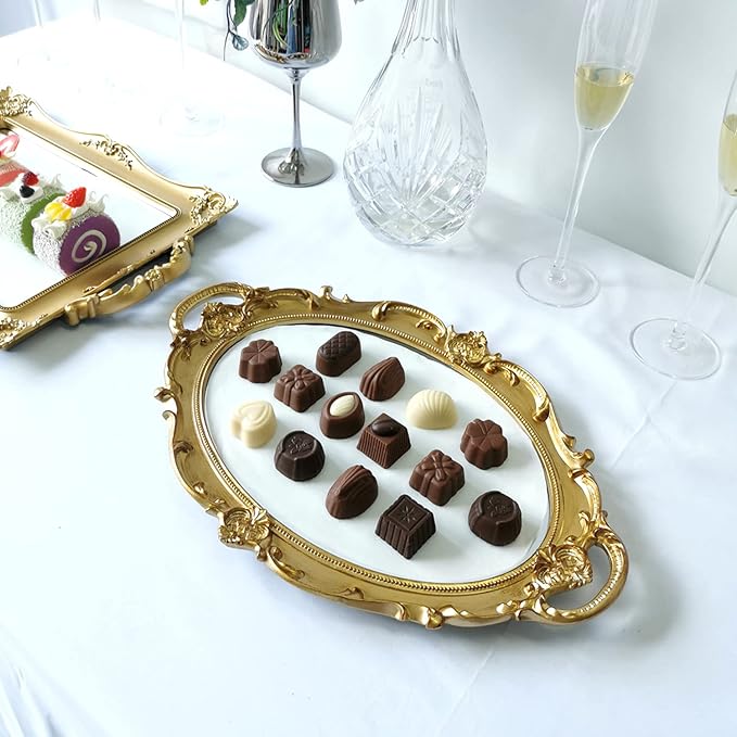 Oval Decorative Mirror Tray, French Style, Makeup Organizer, Jewelry Organizer, Serving Tray, 9.8"x 14.6", Gold