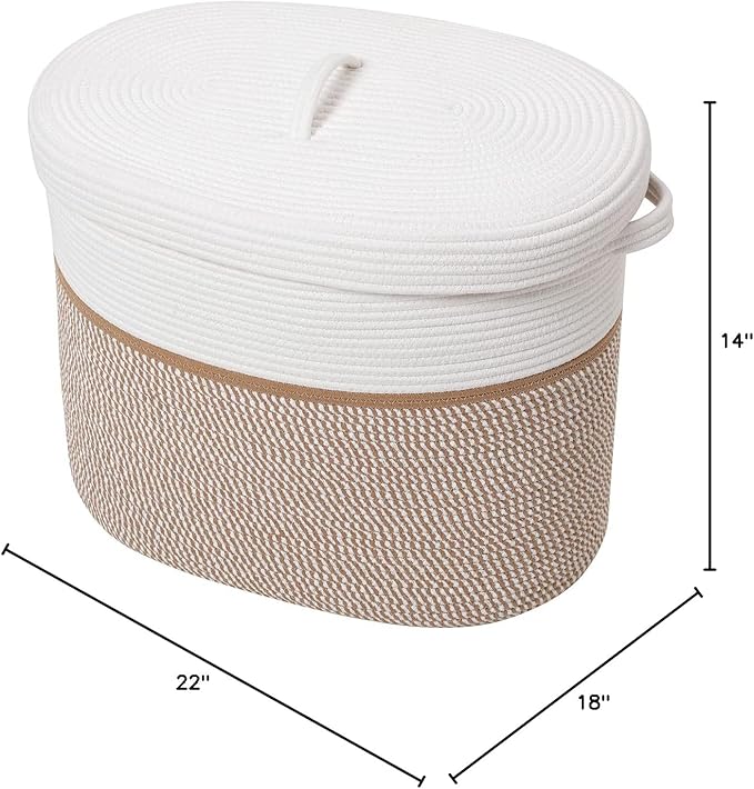 22"x14"x18" Rectangular Extra Large Storage Basket With Lid, Large Cotton Rope Storage Basket, Woven Laundry Hamper, Cloth Storage Bin, for Clothes Towels Blankets in Living Room, White/Camel Mix