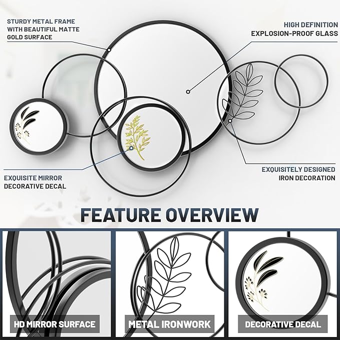 Wall Mirror Decorative, Print Round Decorative Mirrors, Large Decor Metal Wall Art Mirro for Entryway, Living Room, Bedroom, Dining Room Kitchen Decor 45''x25.5''