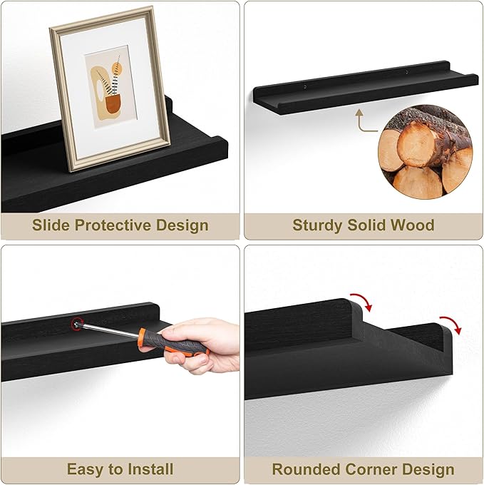 Love-KANKEI Black Long Floating Shelves for Wall 24 Inch Set of 4, Rustic Wall Shelves with Lip,Wood Hanging Shelves for Bedroom Bathroom Living Room Kitchen Nursery Display