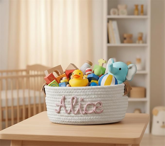 JUPPE Baptism and Newborn Baby Show Gift Basket with Personalized Name, Toys and Storage Organizer Custom Baby Shower Basket Gift Cotton Rope Basket Gift Nursery Decor Newborn Gifts (Style 1)