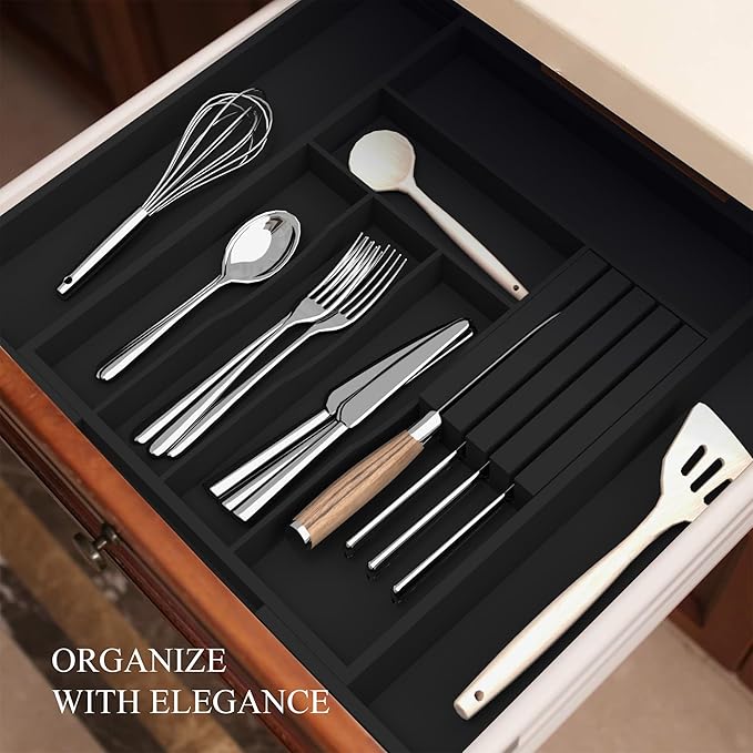 Bamboo Silverware Organizer, Expandable Kitchen Drawer Organizer, Utensil Holder and Cutlery Tray with Grooved Drawer Dividers, Spoon Flatware Storage with Removable Knife Block (Black)