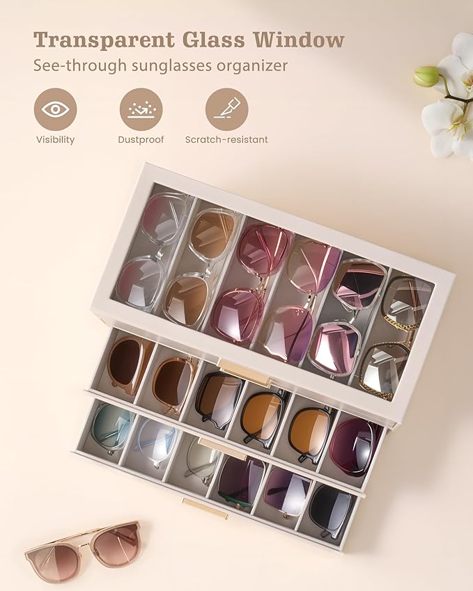 Lolalet Sunglasses Storage Box for Women, Eyewear Eye Glass Organizer with Clear Top Display Holder Case, Mothers Day Gifts