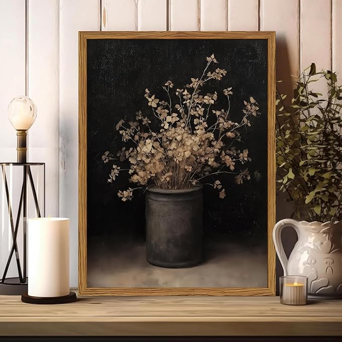 Framed Vintage Floral Wall Art, Rustic Dark Moody Flower Paintings Wall Decor, Retro Farmhouse Botanical Pictures Canvas Prints Neutral Aesthetic Home Decor for Living Room Bedroom 12x16 inch