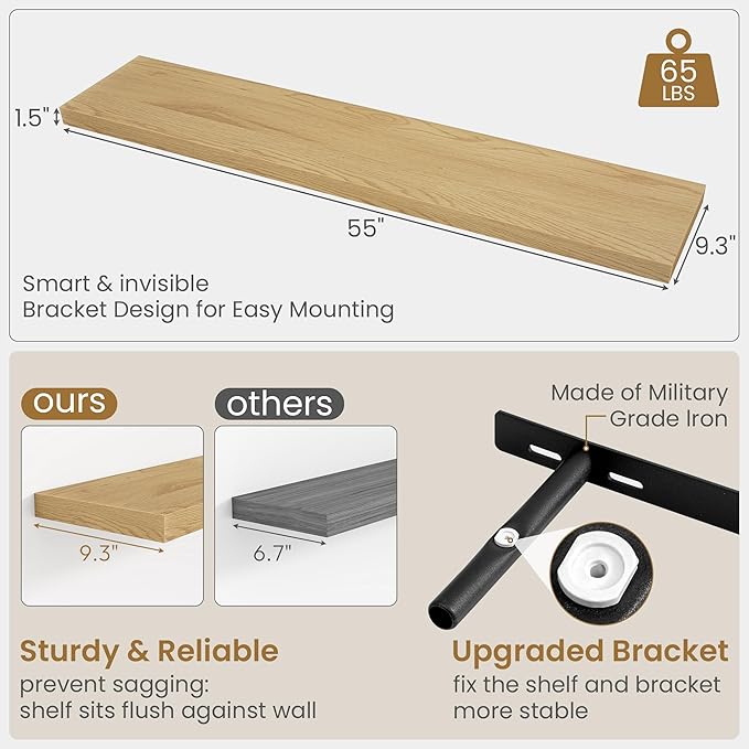 Fun Memories 55 Inch Long Floating Shelves for Wall Set of 2, 55x9.3 Large Floating Shelf for Bedroom, Kitchen, Bathroom, Wall Mounted Rustic Wood Shelves with Invisible Bracket for Books, Decor, Oak