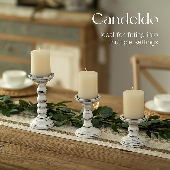 Candeldo Wood Candle Holders for Pillar: Rustic Candles Holder Set of 3 Table Centerpiece Decor Wooden White Farmhouse Decorations for Fireplace Mantle