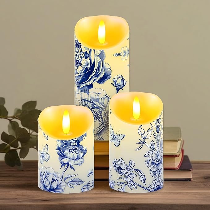 3 Pcs Blue and White Flameless Candles Wedding Table Centerpiece Chinoiserie Candles Blue White Floral Printed Faux Candles with Remote Timer for Wedding Home Holiday Table Decor