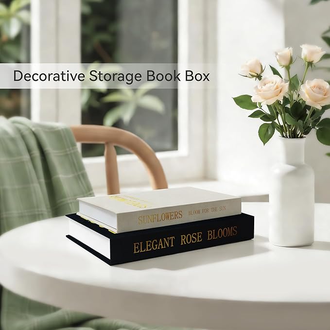 Premium Linen Decorative Book Box Set of 2 - Letter Gold Foil Embossed with Hidden Storage | Coffee Table, Bookshelf & Mantel Decor & Keepsake Organizer to Elevate Home Aesthetic, Black
