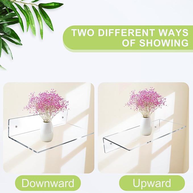 Jansburg 12 Inch L-Shaped Acrylic Floating Shelf Clear Wall Mounted Shelves Invisible 5MM Thick Shelf for Wall Storage Clear Shelves for Makeup Photo Picture Book Record Display 3 Pack