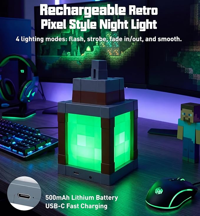 Pixelated Lantern Night Light with Timer 16 Color RGB Pixel Lantern Lamp Rechargeable Retro Pixel Decor Light with Remote & Touch Control, Hanging or Tabletop for Bedroom Desk Gaming Room Decor Gift