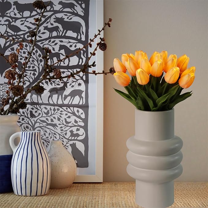HOMESEASONS 20pcs Tulip Lamp Artificial Floral Night Light Real Touch Tulip Night Lamp LED Flower Bouquet Home Kitchen Decor(Orange)
