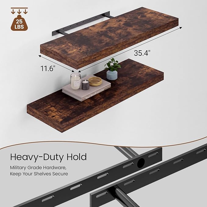 Heimlove 36 Inch Long Floating Shelf for Wall, 12" Deep Floating Shelves Shelves for Bedroom Living Room Bedroom,Wall Mounted Shelves for Storage Book Decor, Set of 2, Rustic Brown