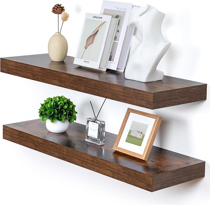 FLYJOE Deep Floating Shelves | 36 Inch Brown Floating Shelves Set of 2 | 12 Inch Deep Rustic Wood Shelves for Wall | 36" W x 12" D Brown Shelves for Living Room Bathroom Laundry Room Kitchen