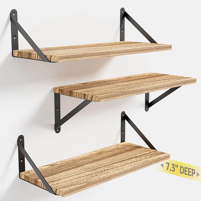COCOYA Wall Shelves 7.3" Deep Set of 3, Solid Paulownia Wood Wider Longer Sturdy Easy to Install Wall Mounted Bookshelves Storage Shelves Bathroom Home Office Laundry Room Bedroom Organizer