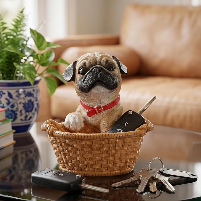 Cute Pug Candy Bowl, Resin Dog Figurine Key Bowl for Entryway Table, Desktop Storage Basket Organizer for Desk, Unique Dog Lover Gift