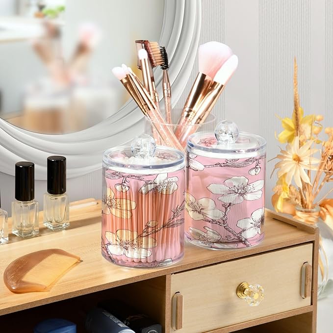 Nander 2Pack Beautiful Cherry Blossoms Qtip Holder Dispenser -Clear Plastic Apothecary Jars Set - Restroom Bathroom Makeup Organizers Containers for Cotton Swab, Ball, Pads, Floss