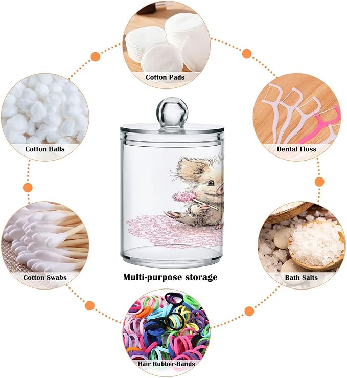 2 Pack Apothecary Jars,Adorable Pig with Sweet Treat Bathroom Vanity Storage Organizer Set,Small Clear Plastic Storage Jars Bathroom Canister for Cotton Swabs,Rounds,Balls,Qtips,Makeup Sponges