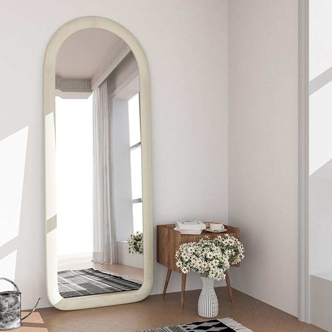 Full Length Mirror 56"x20" Arch Floor Mirror with Stand Arched Full Body Mirror Standing Hanging or Leaning Against Wall for Bedroom Flannel Wrapped Wooden Frame White