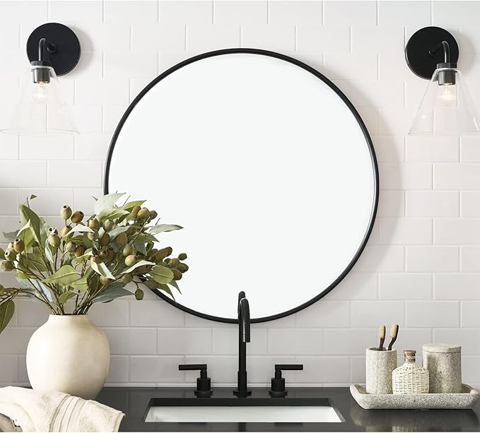 G-LEAF Black Round Mirror 24 inch, Circle Mirror for Bathroom, Entryway, Vanity, Living Room, Round Bathroom Mirror for Wall