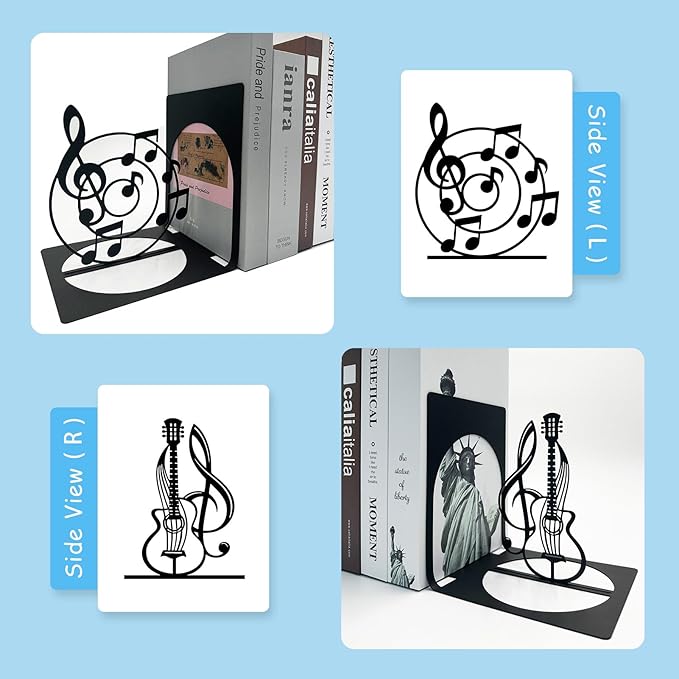 Music Note Metal Bookend, Music Bookends, Metal Musical Themed Book Ends, Guitar Bookends, Book Holders for Shelves, Desktop Organizer, Musical Bookshelf Home Decor