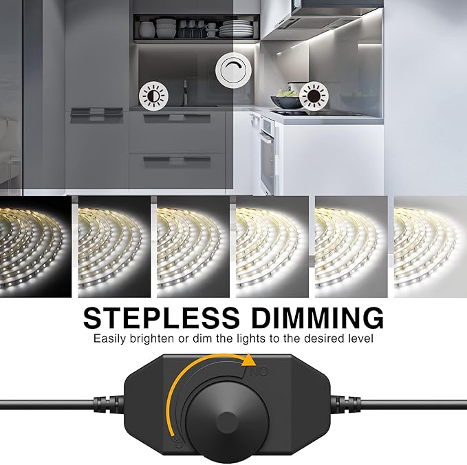 Onforu LED Strip Lighting Bright White, 65.6ft 6000K Dimmable Daylight White Tape Light, Flexible 12V Adhesive Ribbon Easter Rope Light, for Kitchen, Under Cabinet, Bedroom