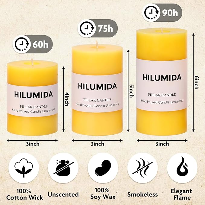 Yellow Pillar Candles Set of 3 - Spring Easter Yellow Candles Decorations, Hand-Poured Unscented Candle, Smokeless Decorative Candle for Home, Set of 3 in Different Sizes (4", 5", 6")
