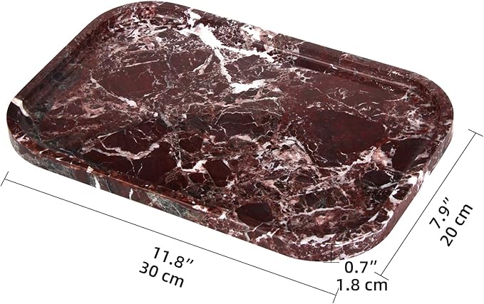 Marble Bathroom Vanity Tray, Natural Marble Home Kitchen Table Tray, Stone Decorative Countertop Serving Organizer for Dresser Coffee Perfume Jewelry Makeup (1, Rosso Lepanto L, 12 * 8 * 0.8)