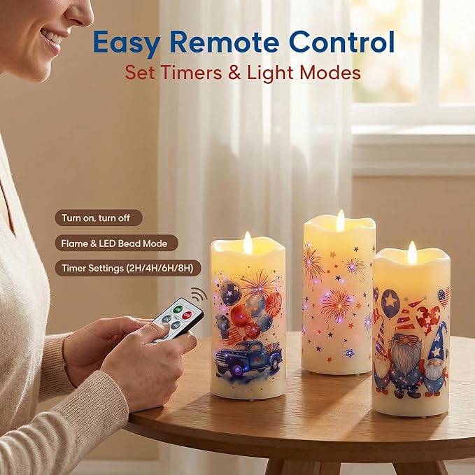 Eywamage Patriotic Fiber Optic Flameless Candles with Remote, Flickering Battery LED Candles Set of 3, 4th of July Independence Day Memorial Day Decor